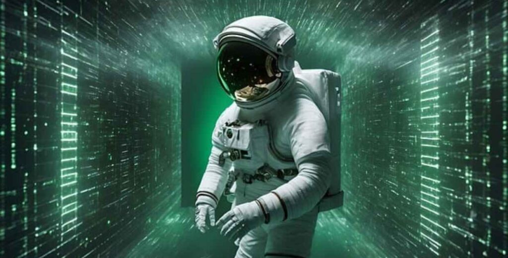 A man is wearing virtual space suit